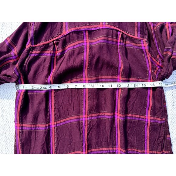 Old Navy Womens Medium Burgundy Dress Plaid Long Sleeve Tunic  Buttons Gold - Picture 9 of 10